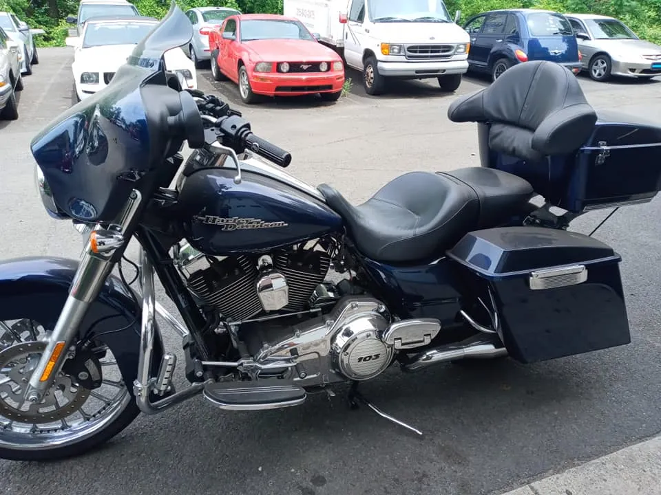 Blue Harley-Davidson touring motorcycle detailed